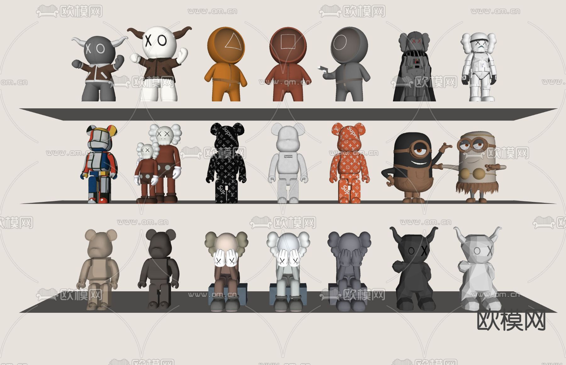 暴力熊 小黄人 潮玩摆件su模型下载（渲染图2）