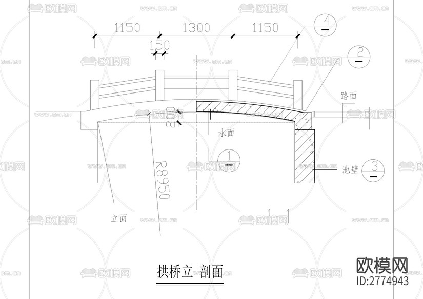 全套園橋建筑結(jié)構(gòu)cad施工圖下載(渲染圖3)