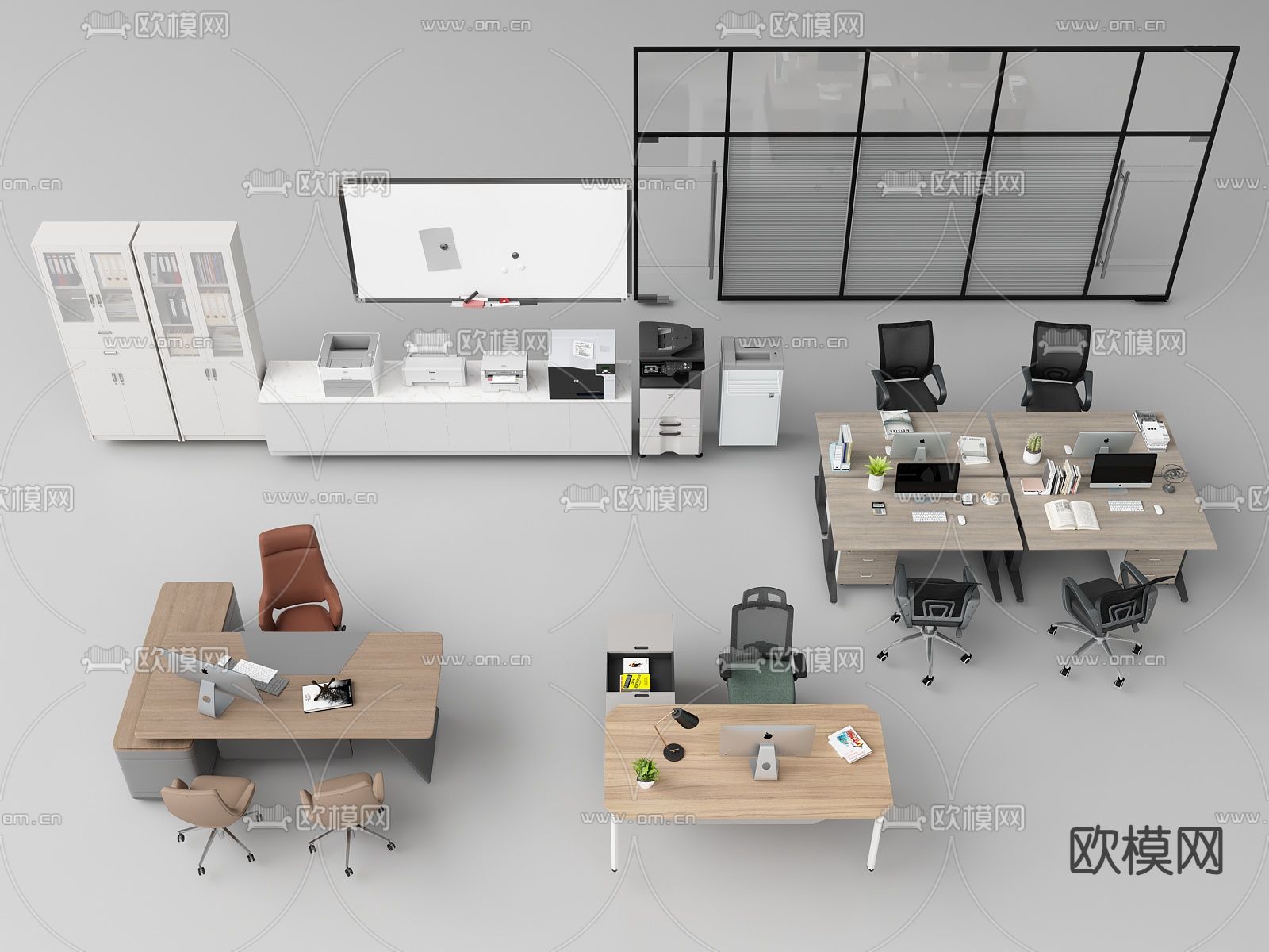 卡位办工桌 班台桌 办公用品su模型下载（渲染图1）