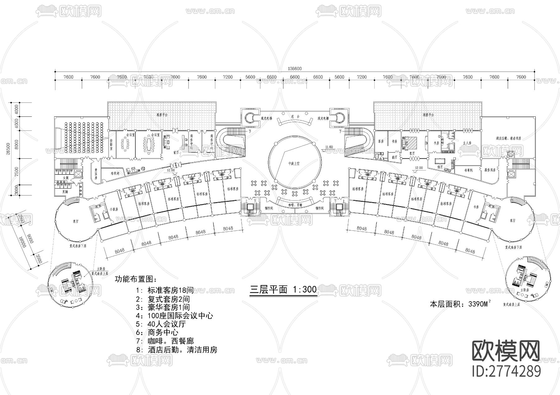 含地下室的三层会所CAD施工图下载（渲染图3）