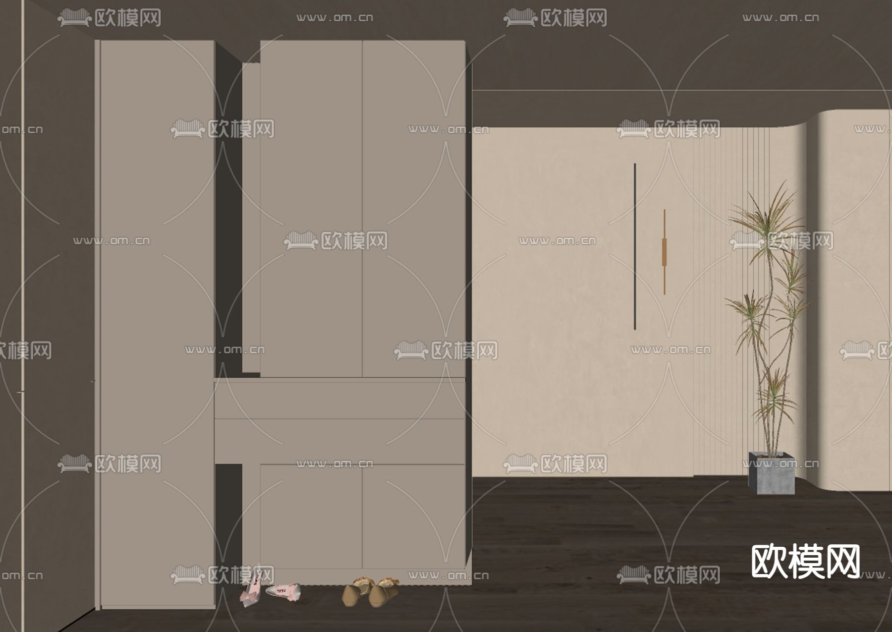 奶油风鞋柜隔断su模型下载（渲染图2）
