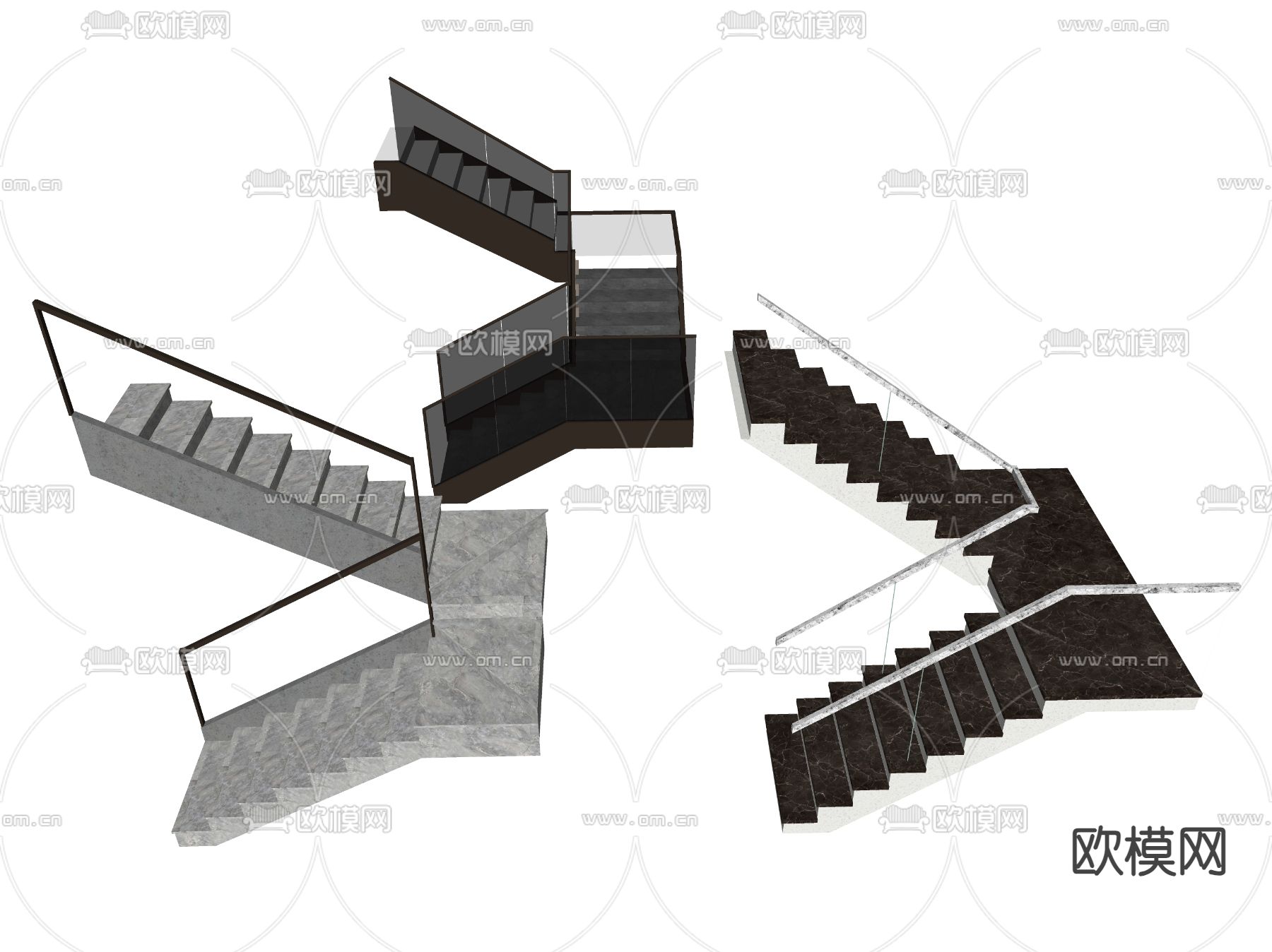 扶手楼梯 拐角楼梯 玻璃楼梯su模型下载（渲染图2）