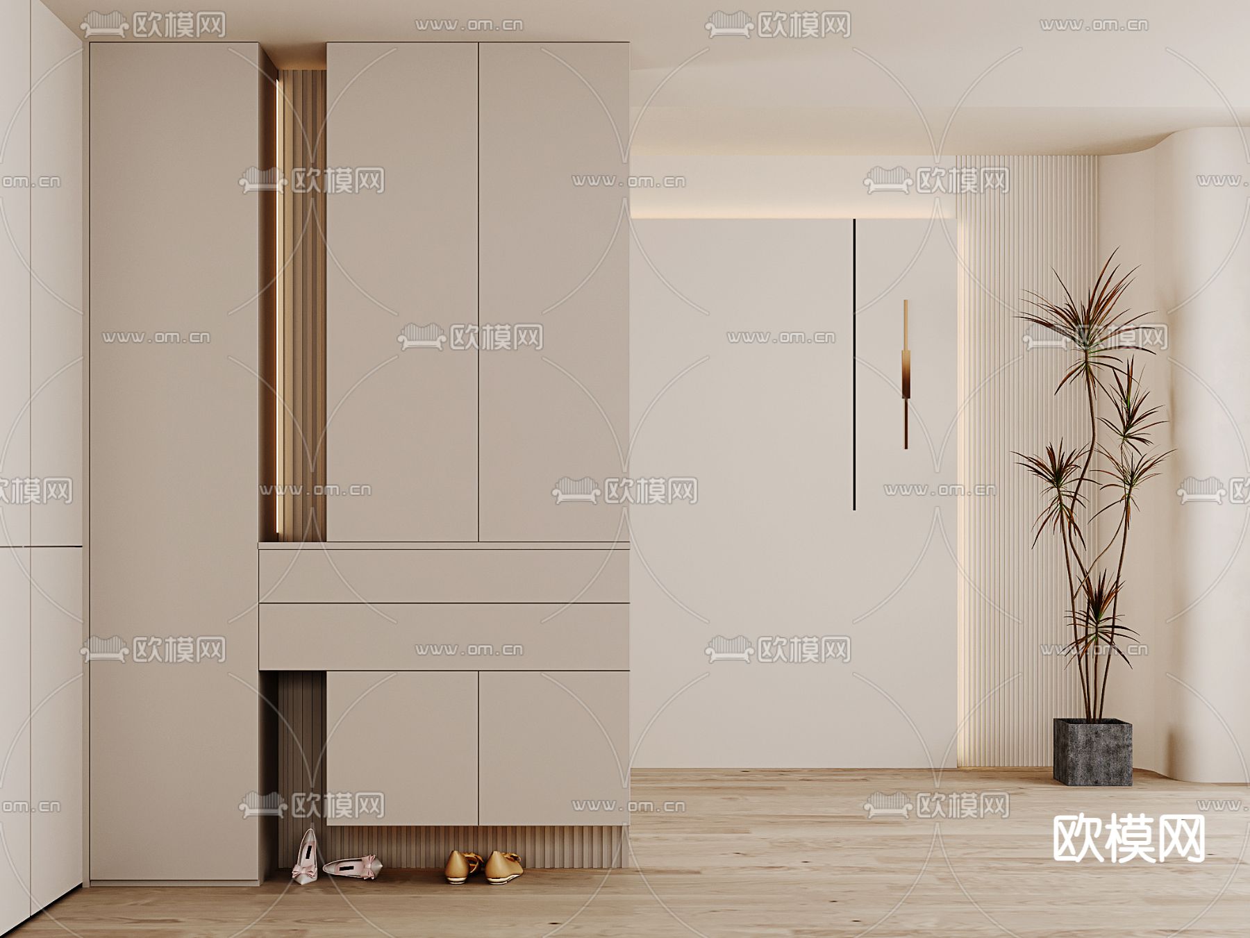 奶油风鞋柜隔断su模型下载（渲染图1）