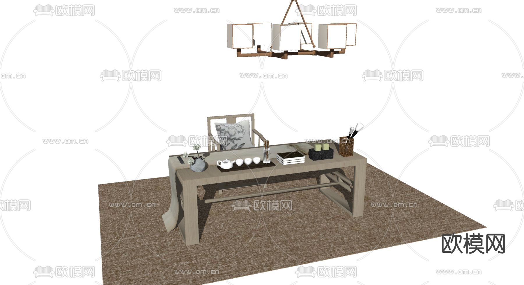 中式茶桌su模型下载（渲染图2）
