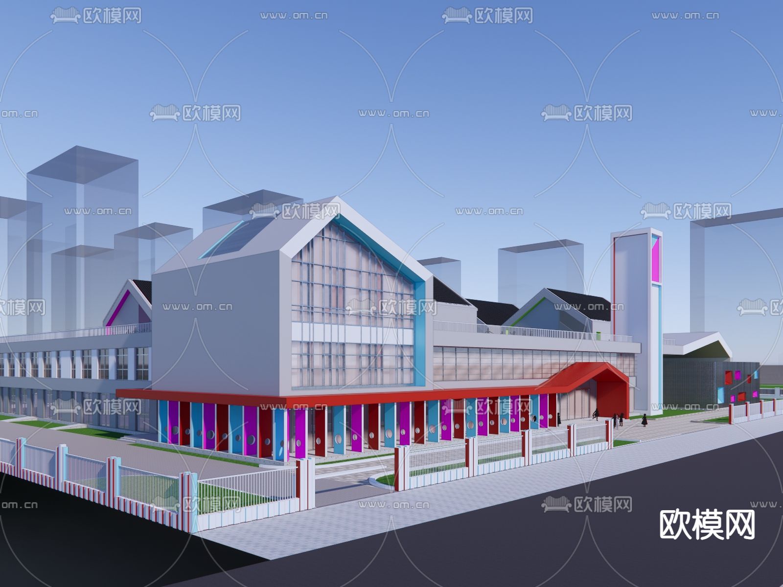 现代幼儿园外观su模型下载（渲染图1）