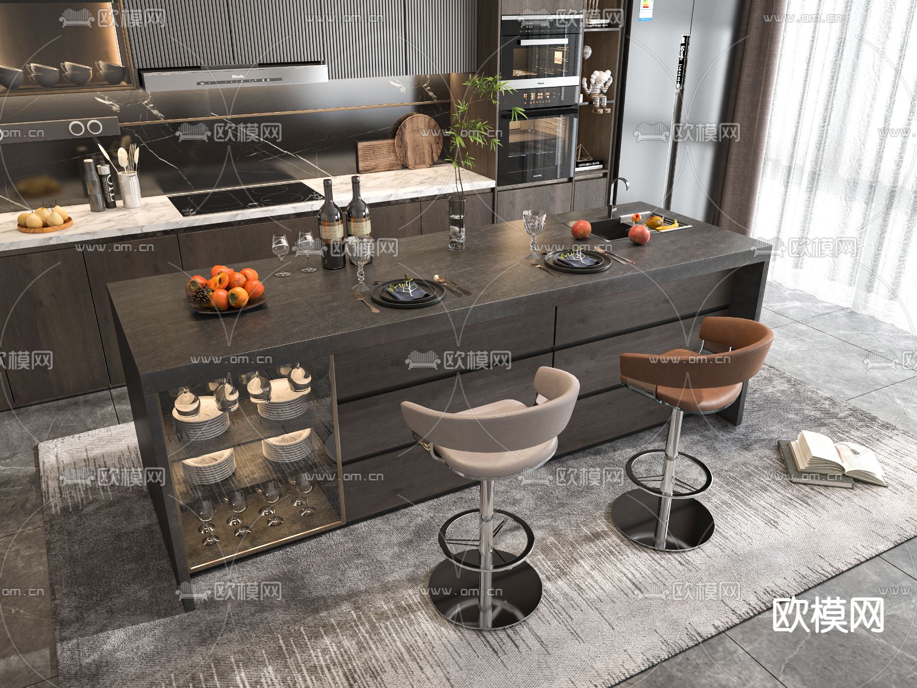 岛台餐桌椅3d模型下载