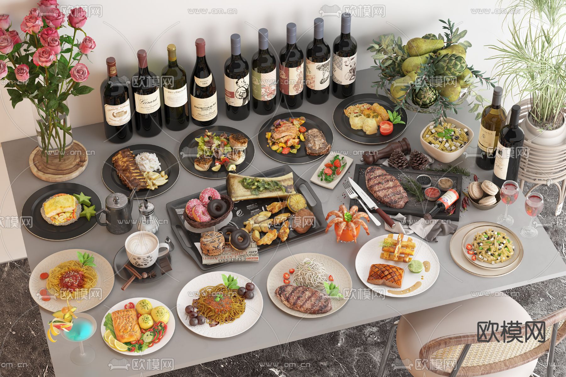 西餐 意面 牛排 甜品 果盘 美食3d模型下载