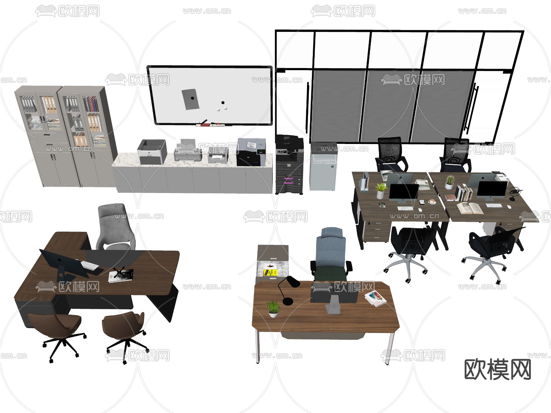 卡位办工桌 班台桌 办公用品su模型下载（渲染图2）