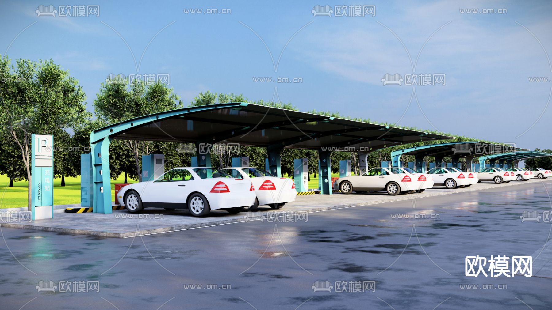 汽车充电桩 电动汽车停车棚su模型下载（渲染图1）