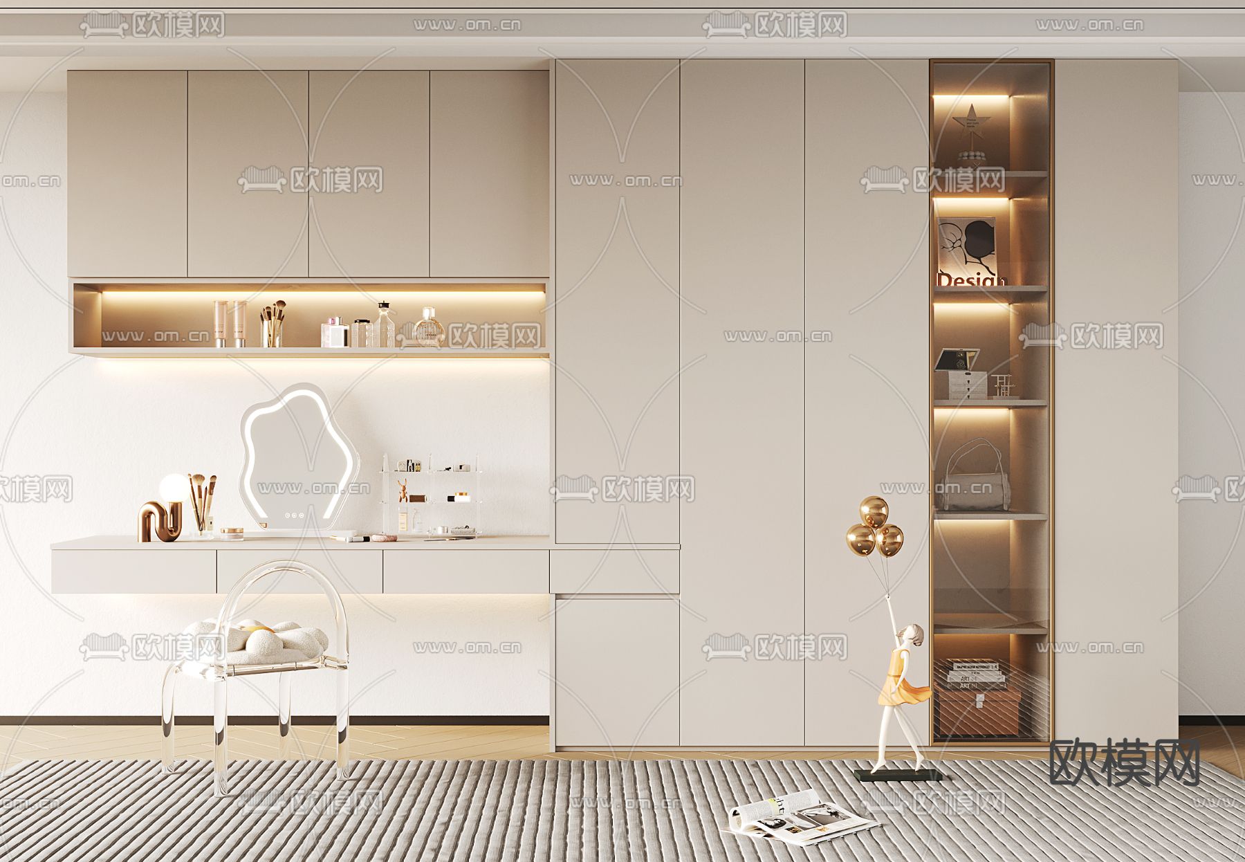 奶油风衣柜 梳妆台3d模型下载