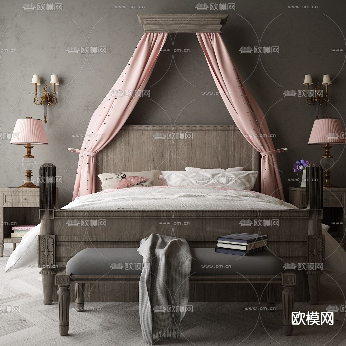 美式双人床3d模型下载