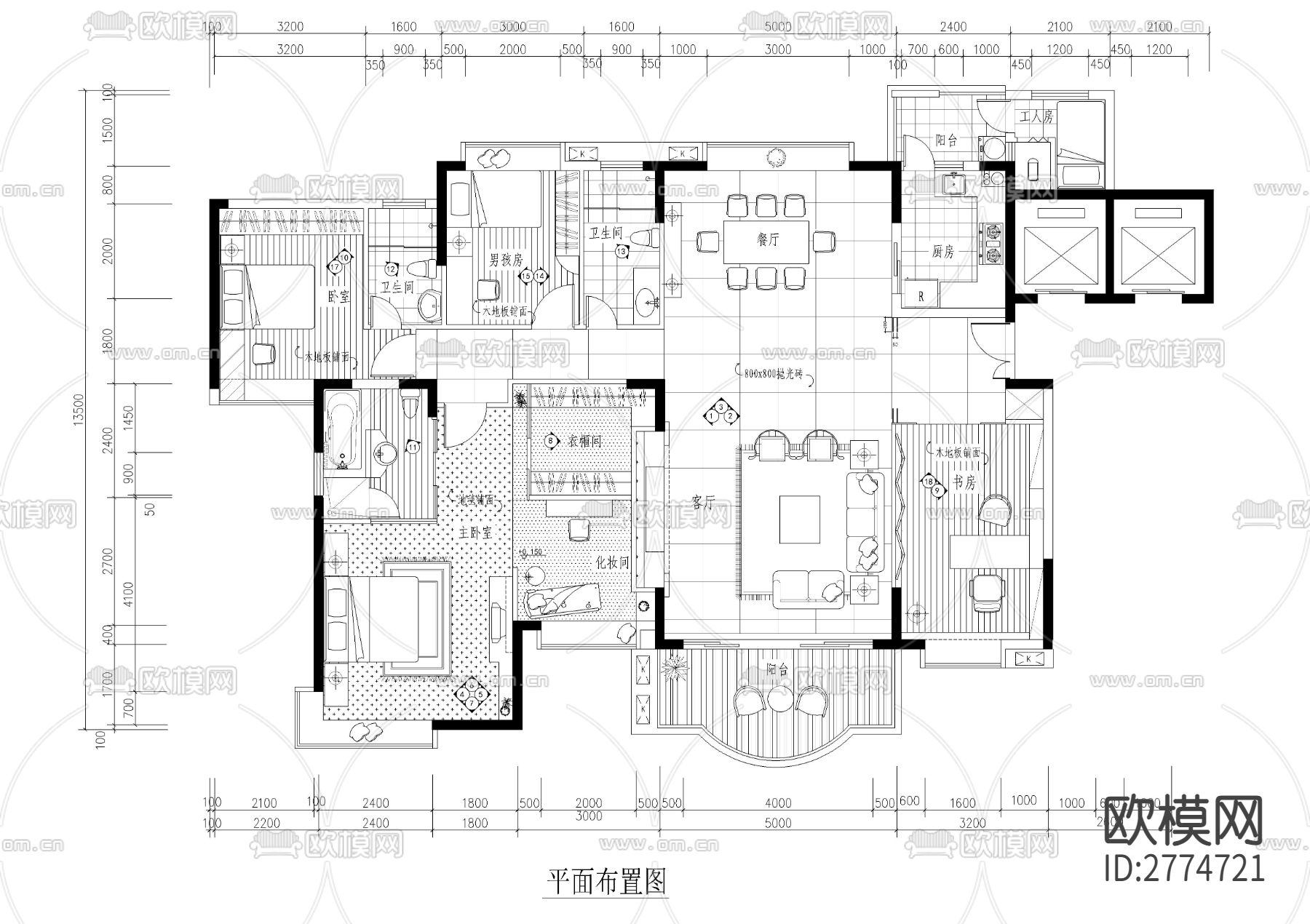 四室二厅三卫大平层CAD施工图下载（渲染图1）