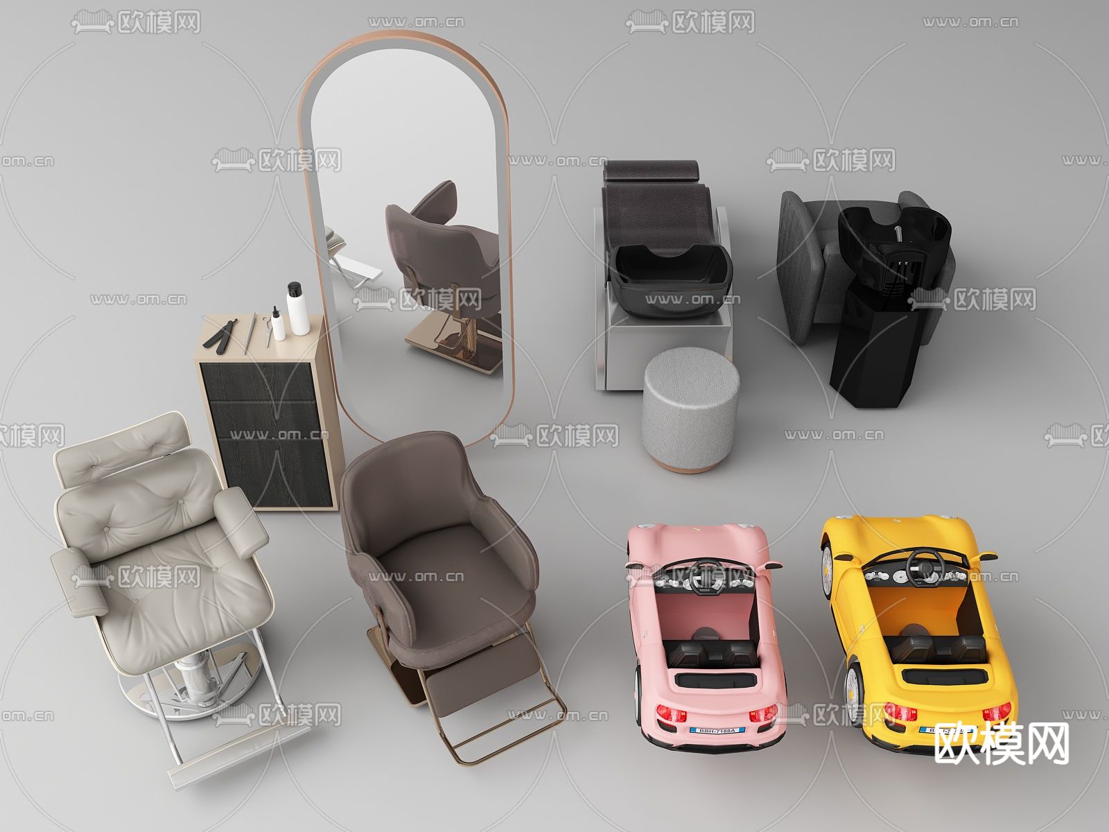 理发椅 洗头床 工具柜su模型下载（渲染图1）