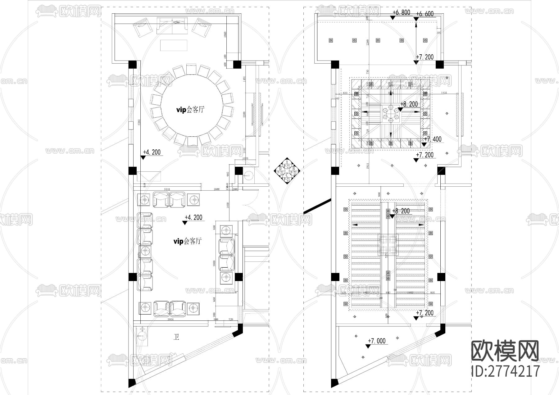 二层高档会所全套装修CAD施工图下载（渲染图7）