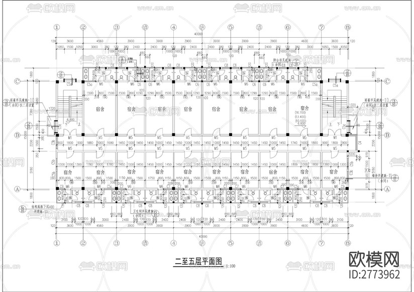 公司五層宿舍樓CAD施工圖下載(渲染圖2)