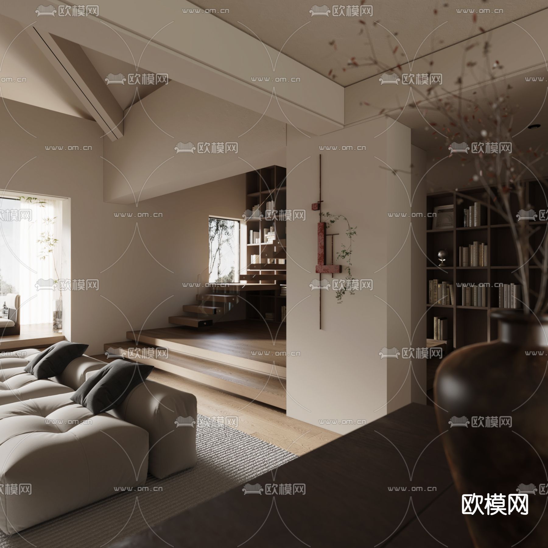 侘寂别墅客厅 别墅大堂3d模型下载（渲染图2）