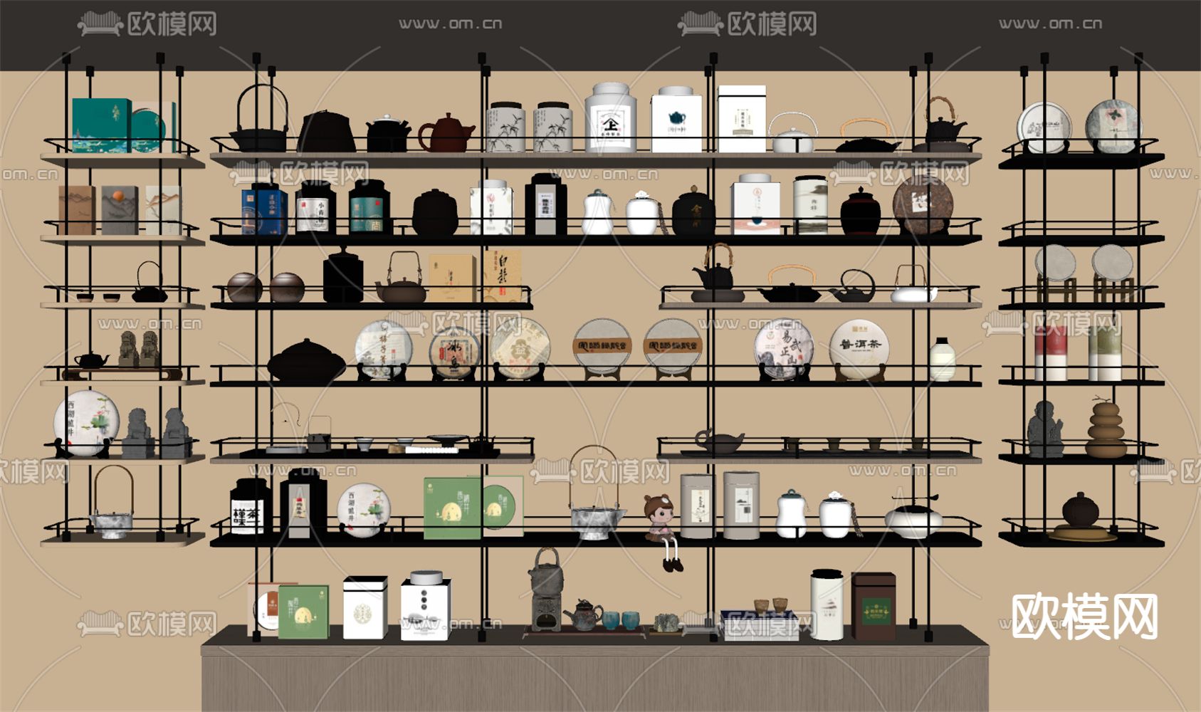 新中式茶具 茶壶 茶饼 茶叶罐su模型下载（渲染图2）