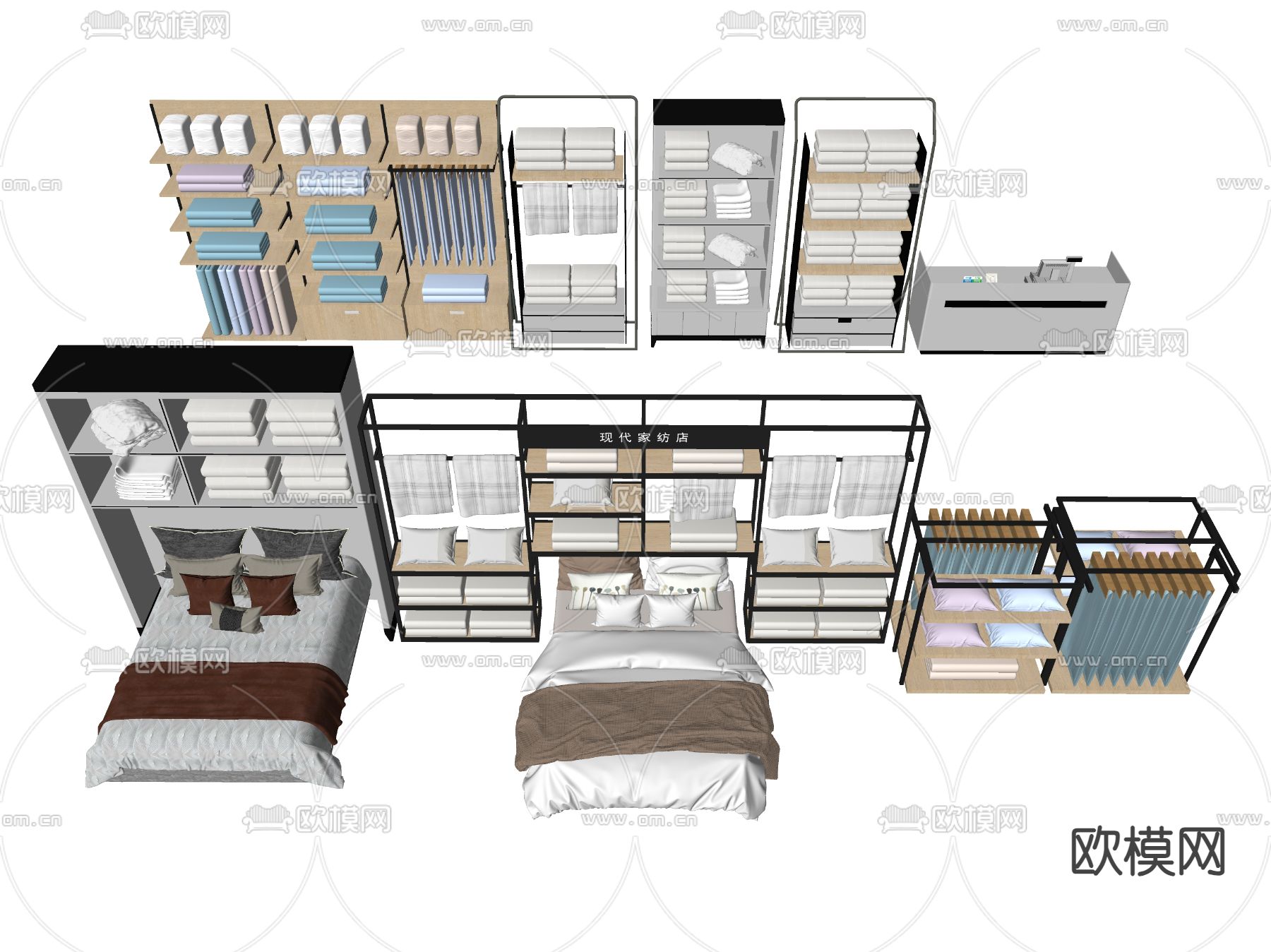 双人床 家纺店货架su模型下载（渲染图2）