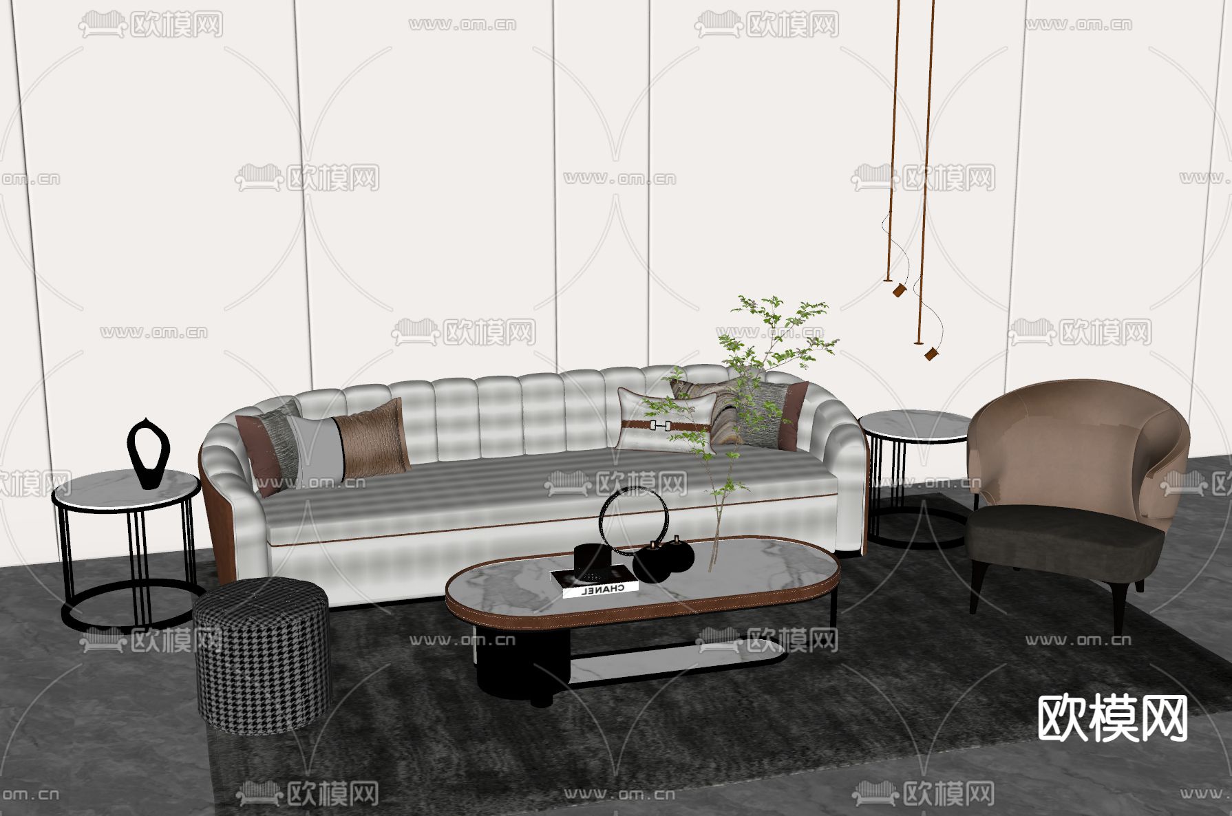 简欧组合沙发su模型下载（渲染图2）