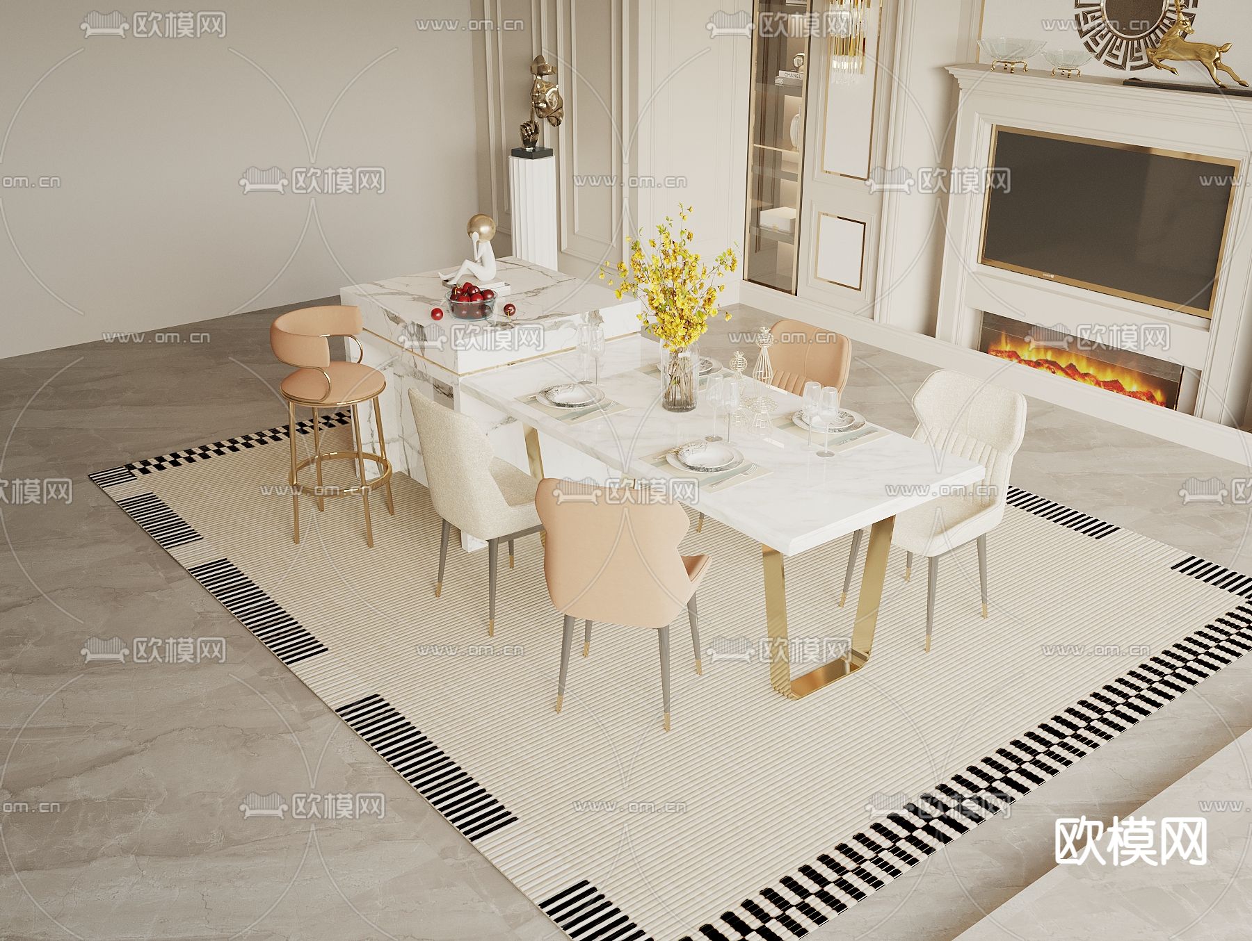 简欧餐桌椅 岛台餐桌3d模型下载