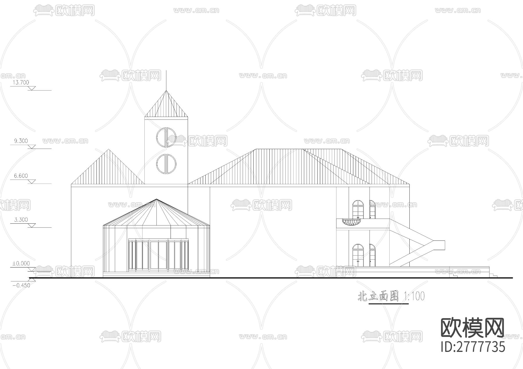 二层幼儿园建筑CAD施工图下载（渲染图1）