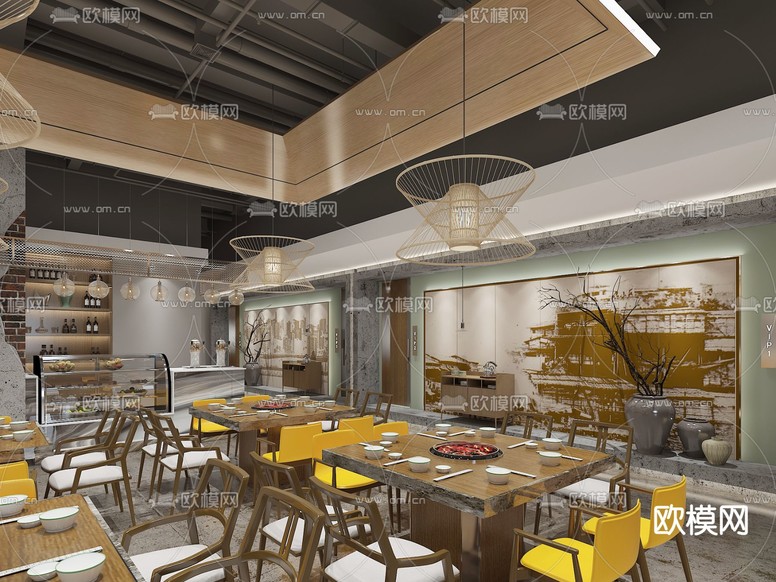 新中式火锅店3d模型下载(渲染图1)