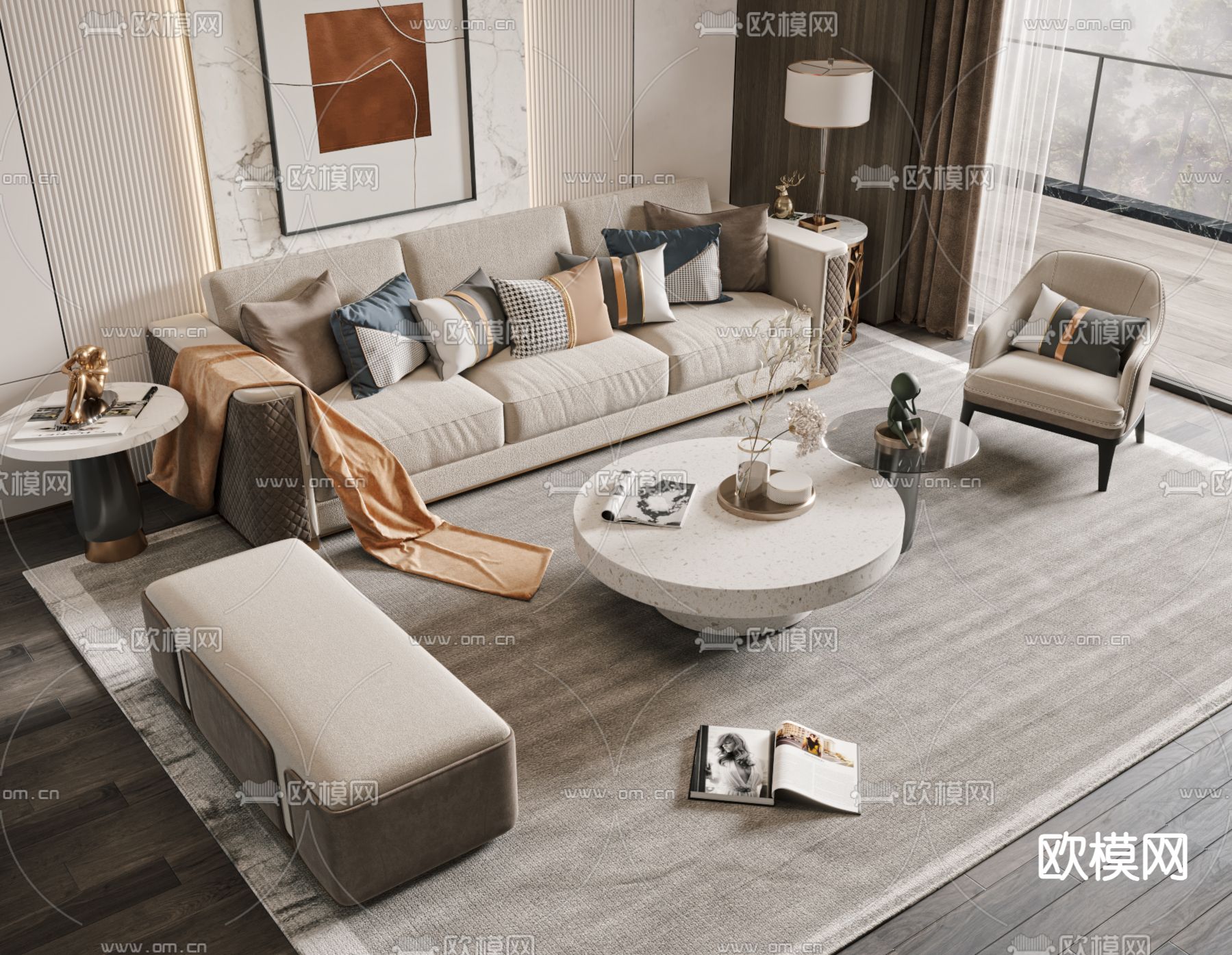 轻奢组合沙发su模型下载（渲染图1）
