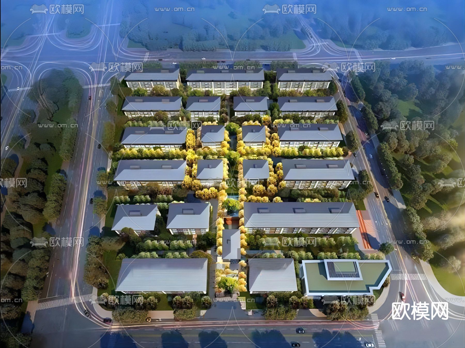 现代小区鸟瞰su模型下载（渲染图1）