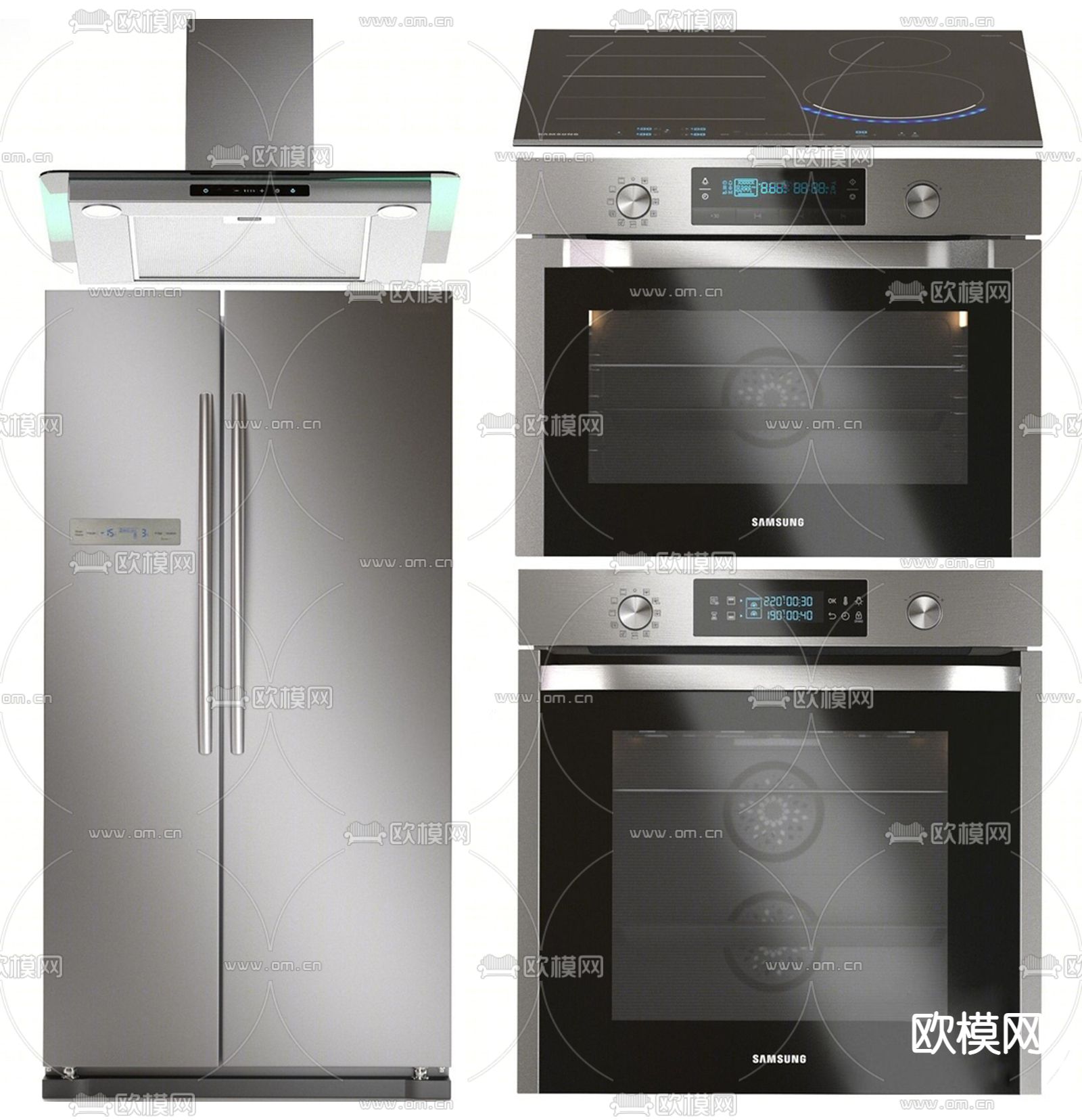 双开门冰箱 烤箱 抽油烟机su模型下载（渲染图1）