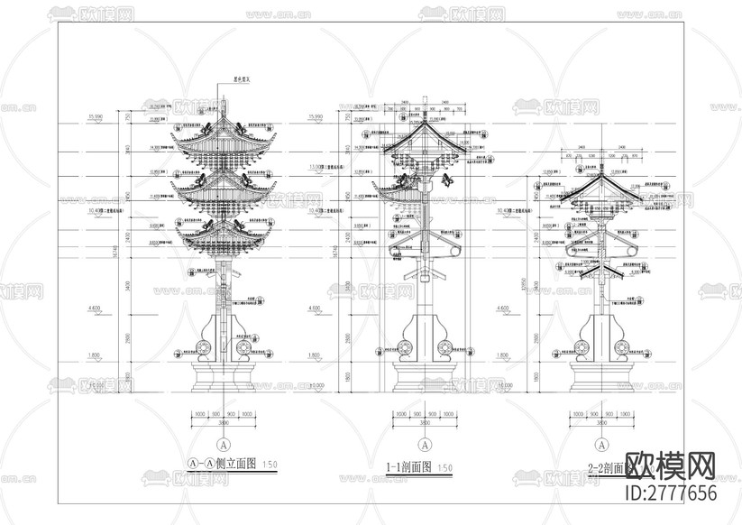 寶吉禪寺牌坊建筑CAD施工圖下載(渲染圖2)