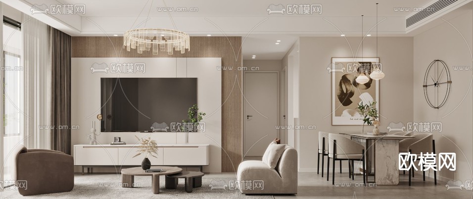 现代客厅 餐厅3d模型下载(渲染图2)