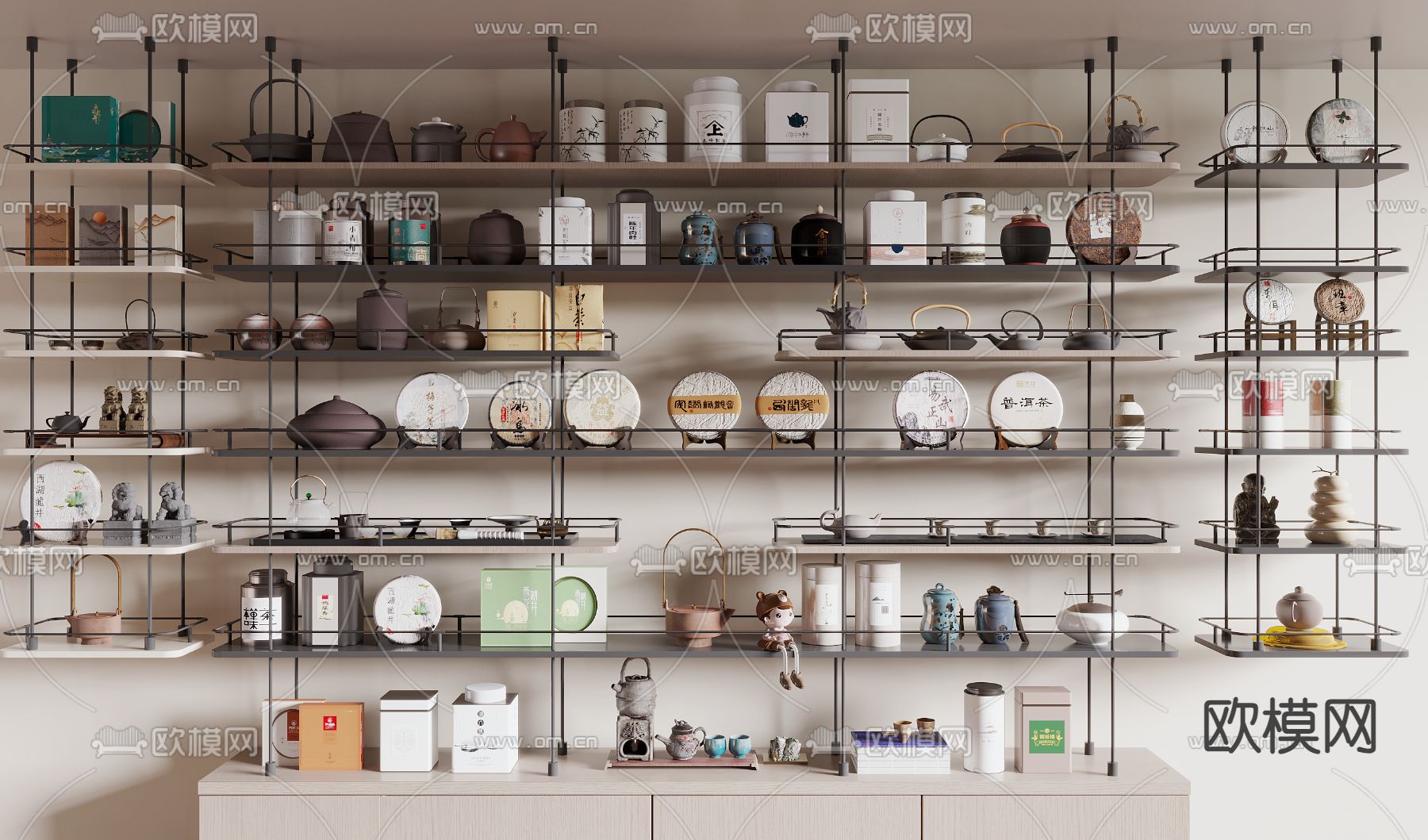 新中式茶具 茶壶 茶饼 茶叶罐su模型下载（渲染图1）