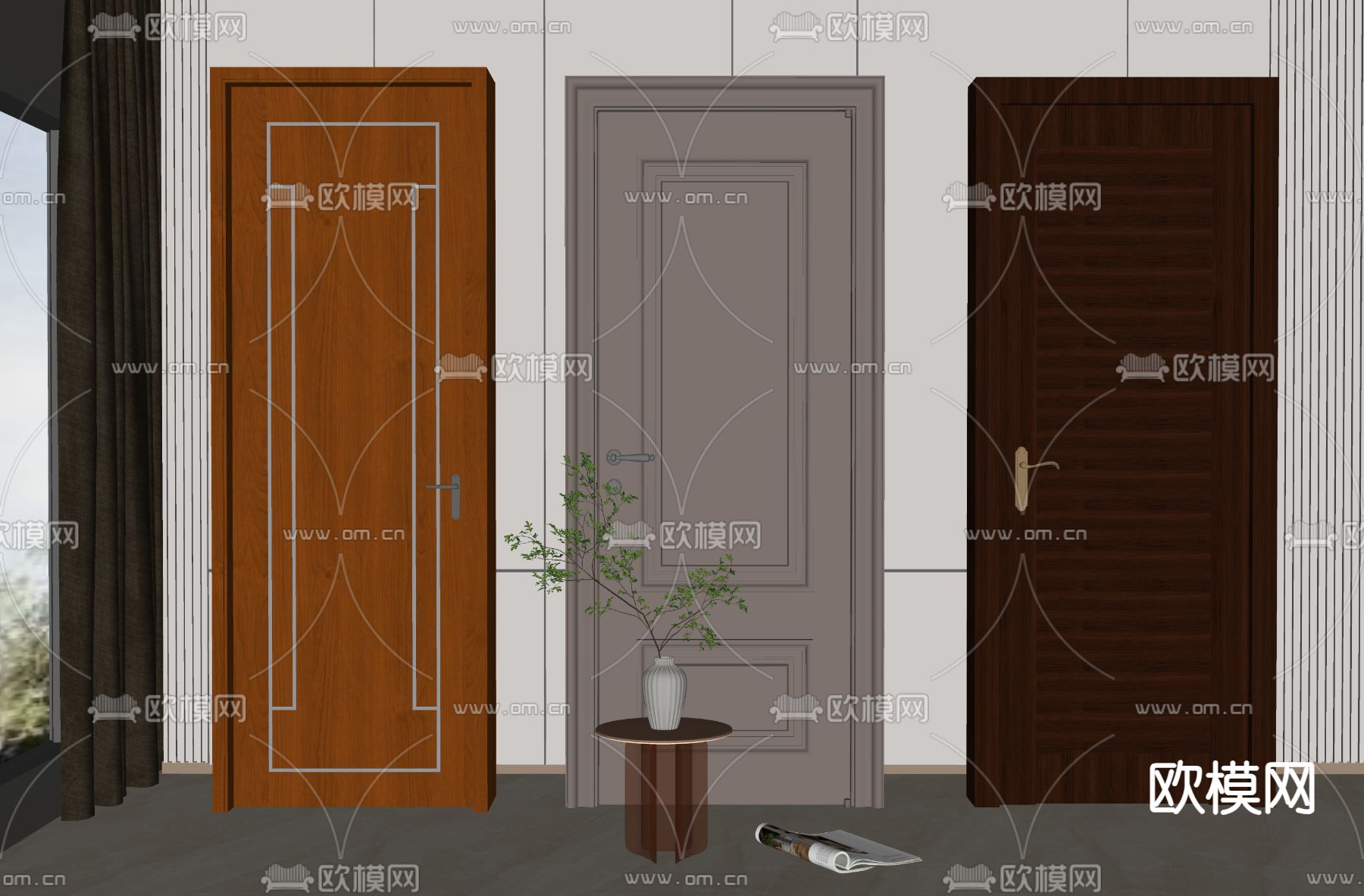 新中式单开门su模型下载（渲染图2）