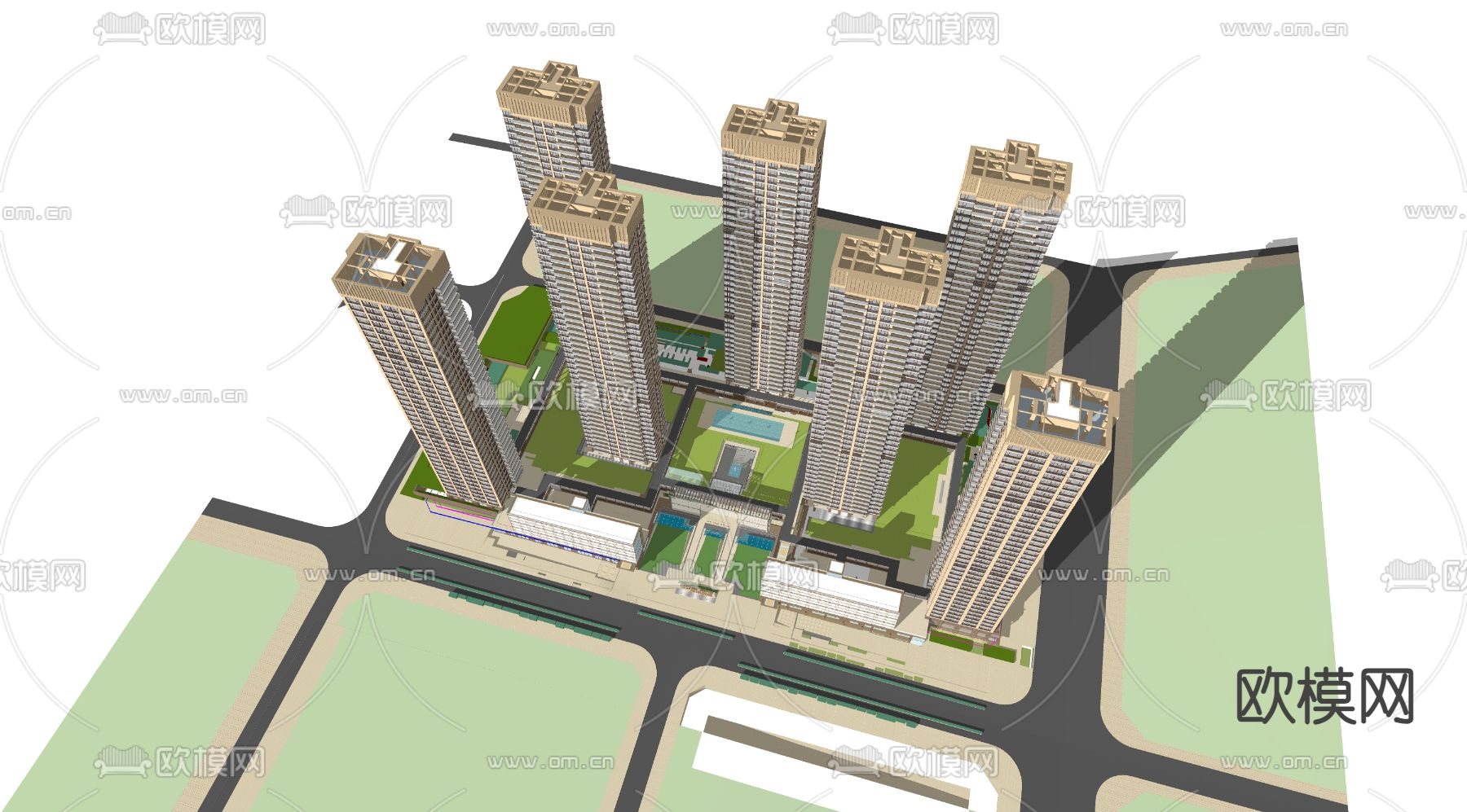 现代小区住宅鸟瞰su模型下载（渲染图2）