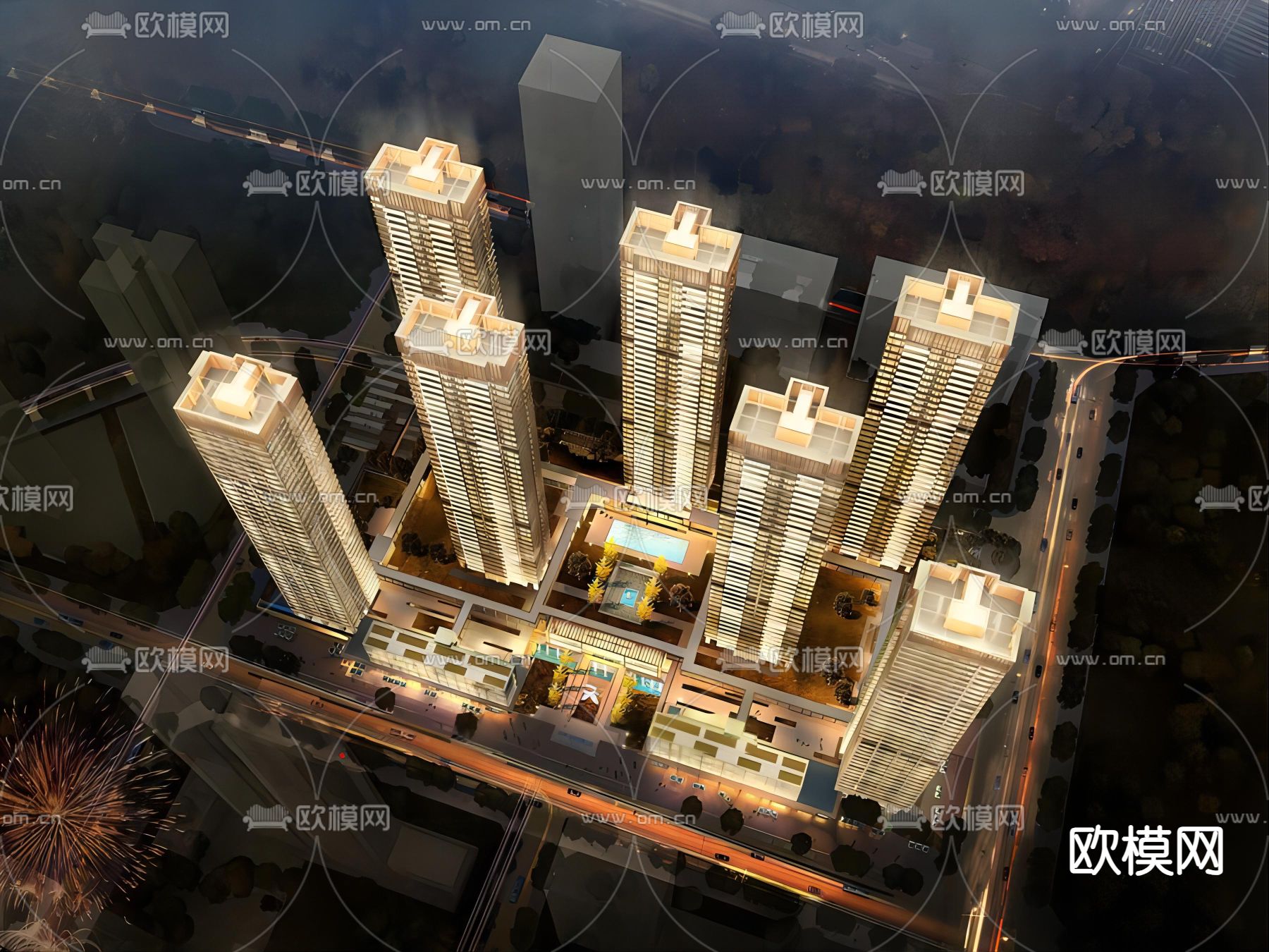 现代小区住宅鸟瞰su模型下载（渲染图1）