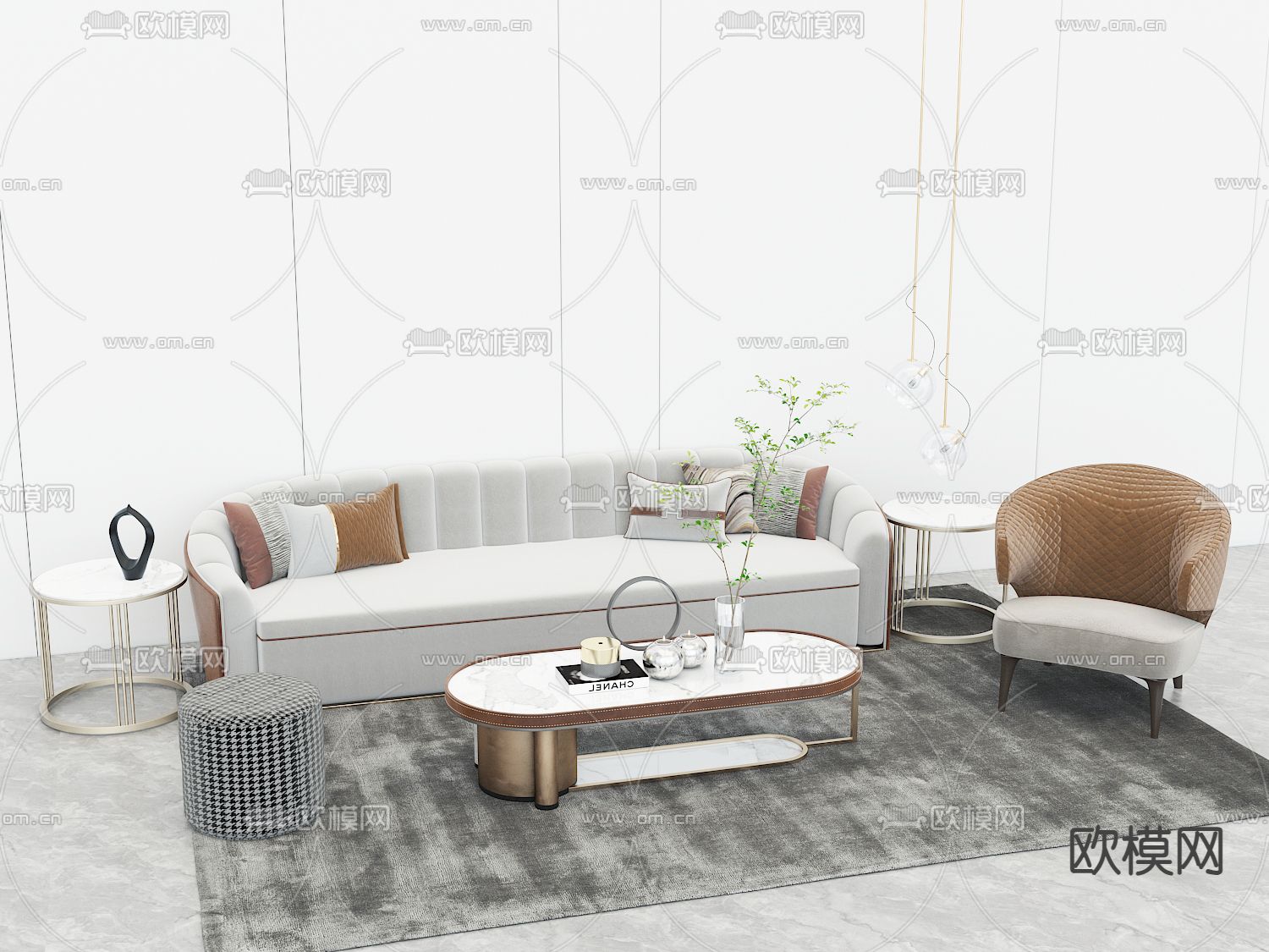 简欧组合沙发su模型下载（渲染图1）
