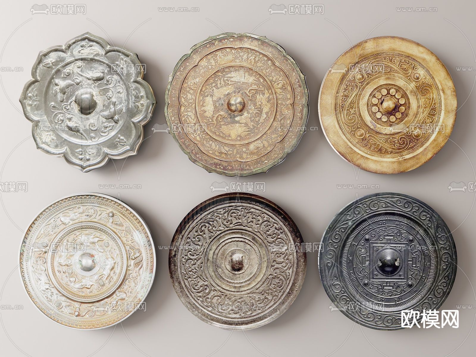 中式铜镜 文物 圆盘su模型下载（渲染图1）