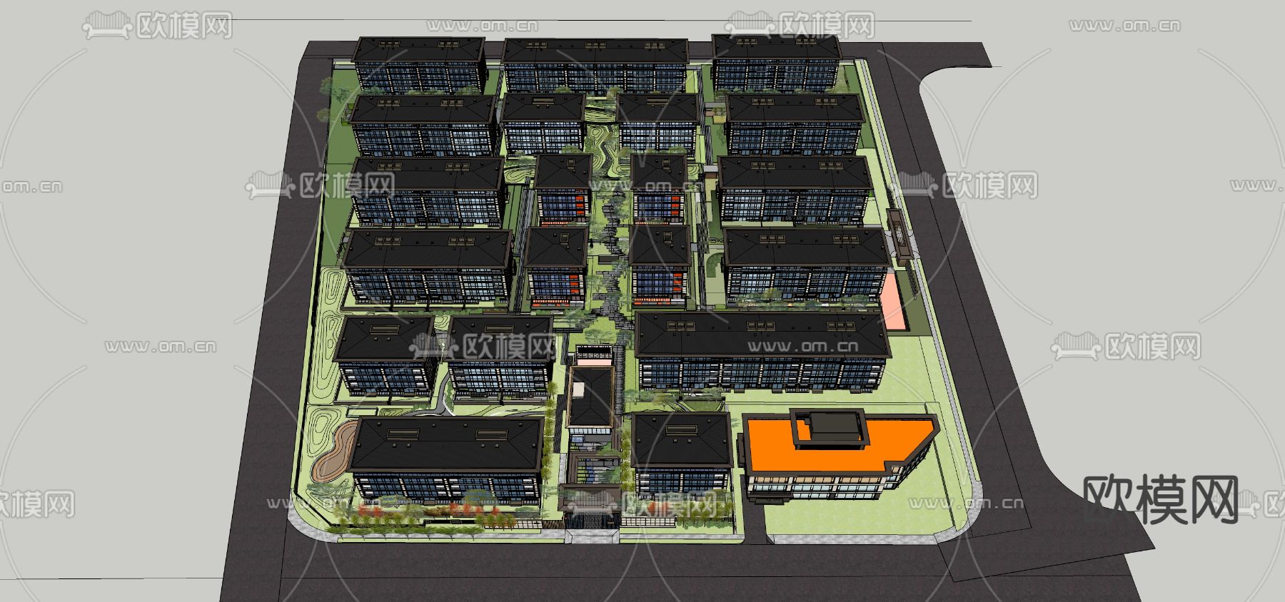 现代小区鸟瞰su模型下载（渲染图2）