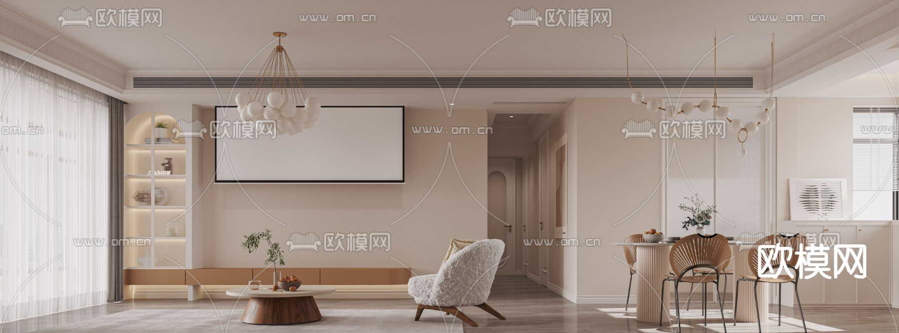 法式客厅 餐厅3d模型下载（渲染图2）