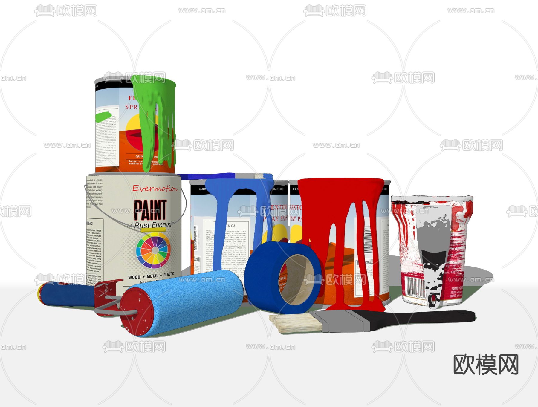 现代油漆桶 滚刷su模型下载（渲染图2）