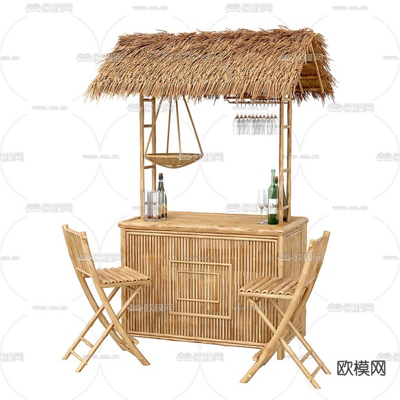 外摆 售货亭 茅草档口3d模型下载(渲染图1)