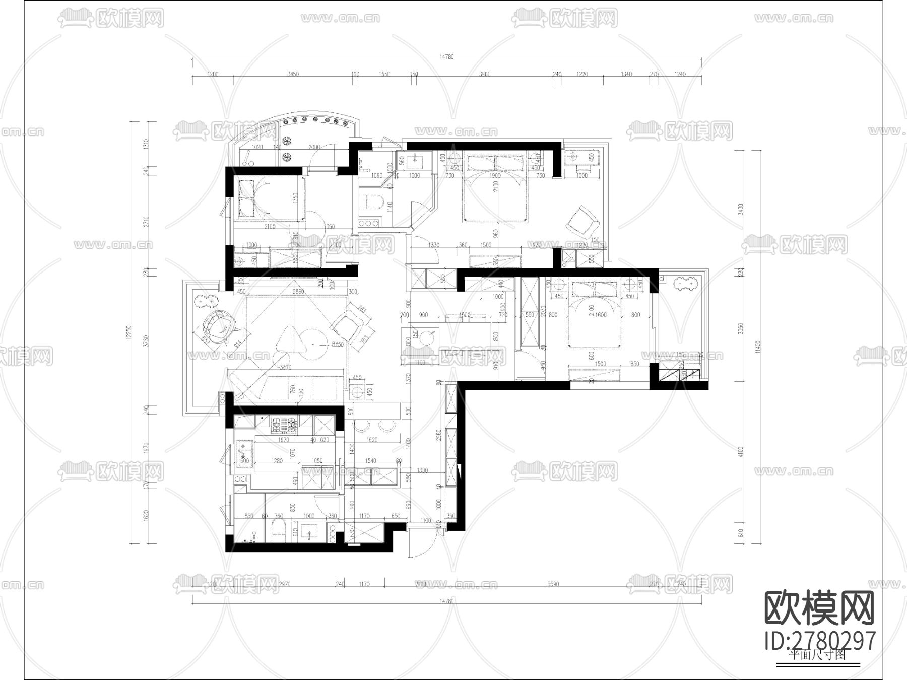 家装施工图纸 平面布置图 电路图cad施工图下载（渲染图3）