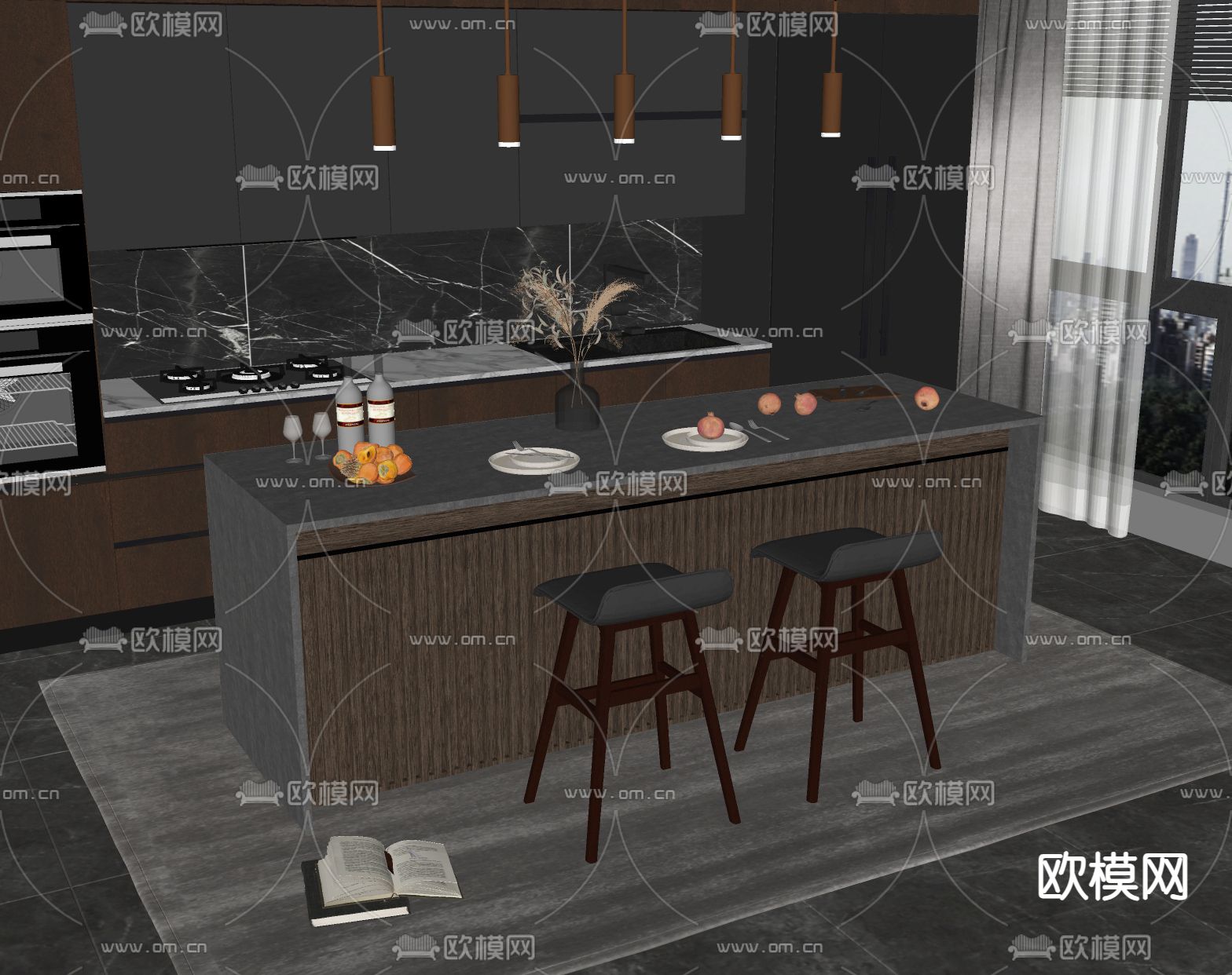 暗黑风岛台餐桌椅su模型下载（渲染图2）