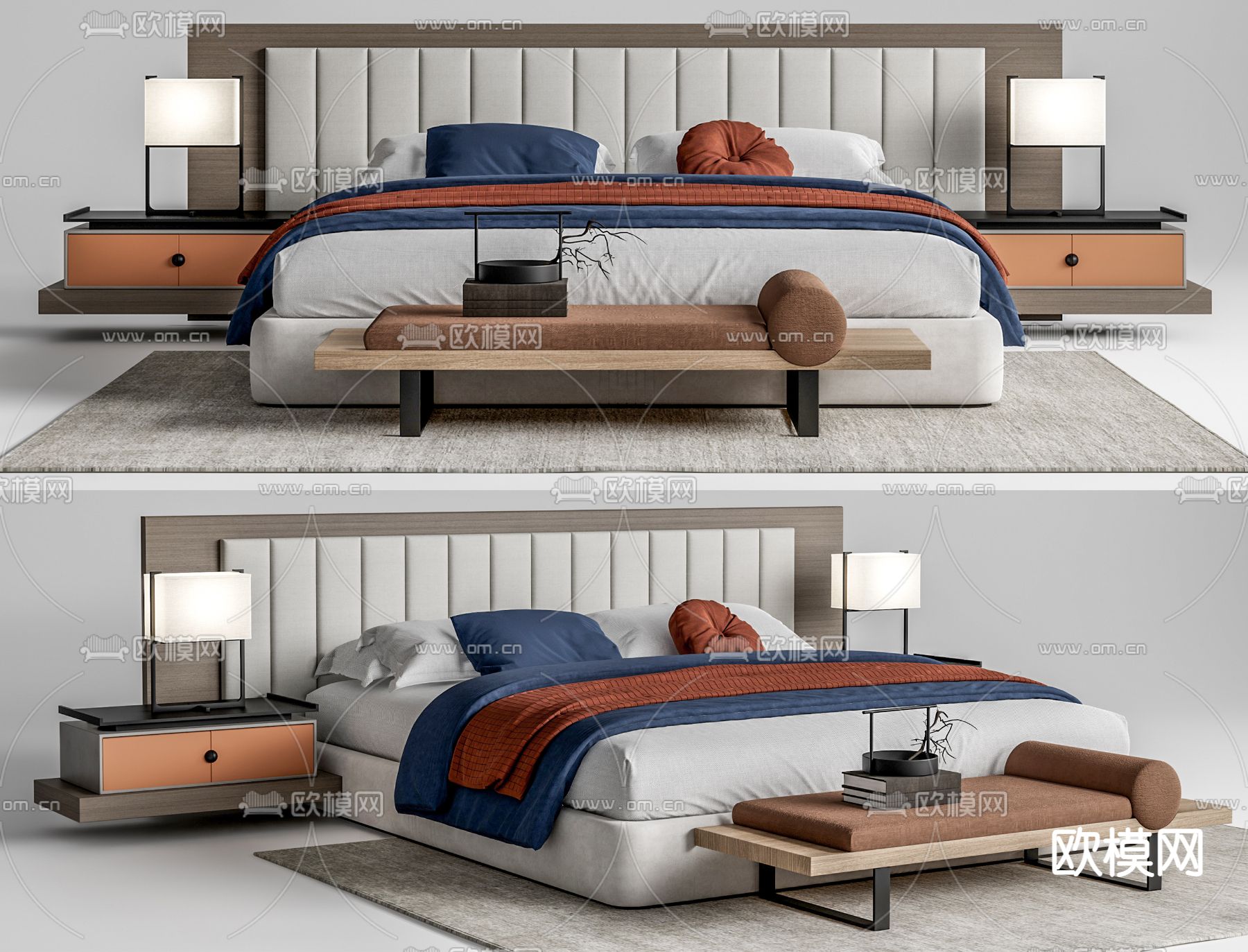 新中式双人床su模型下载（渲染图1）