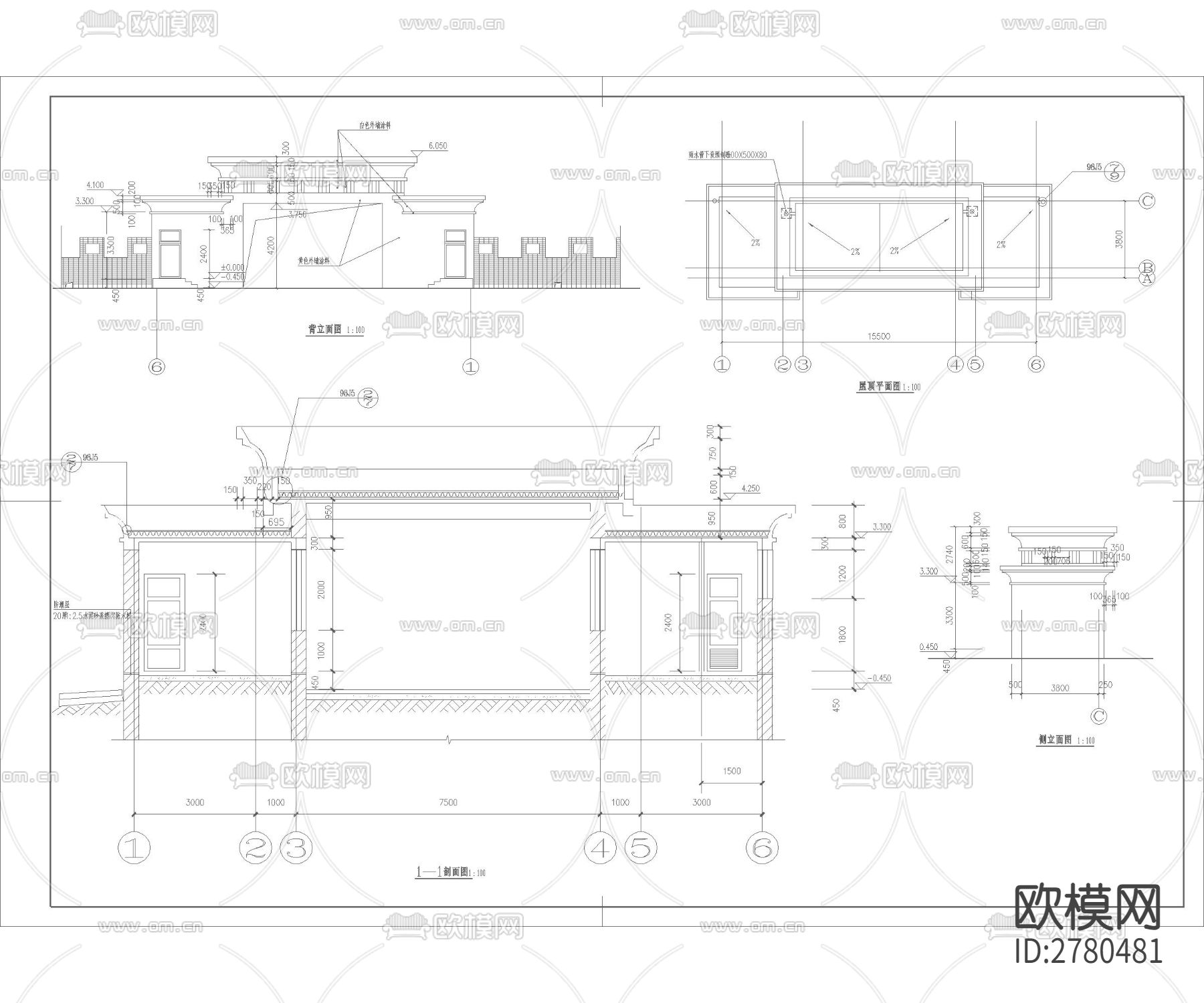 小区入口大门 工业园区入口大门 学校大门cad大样图下载（渲染图2）