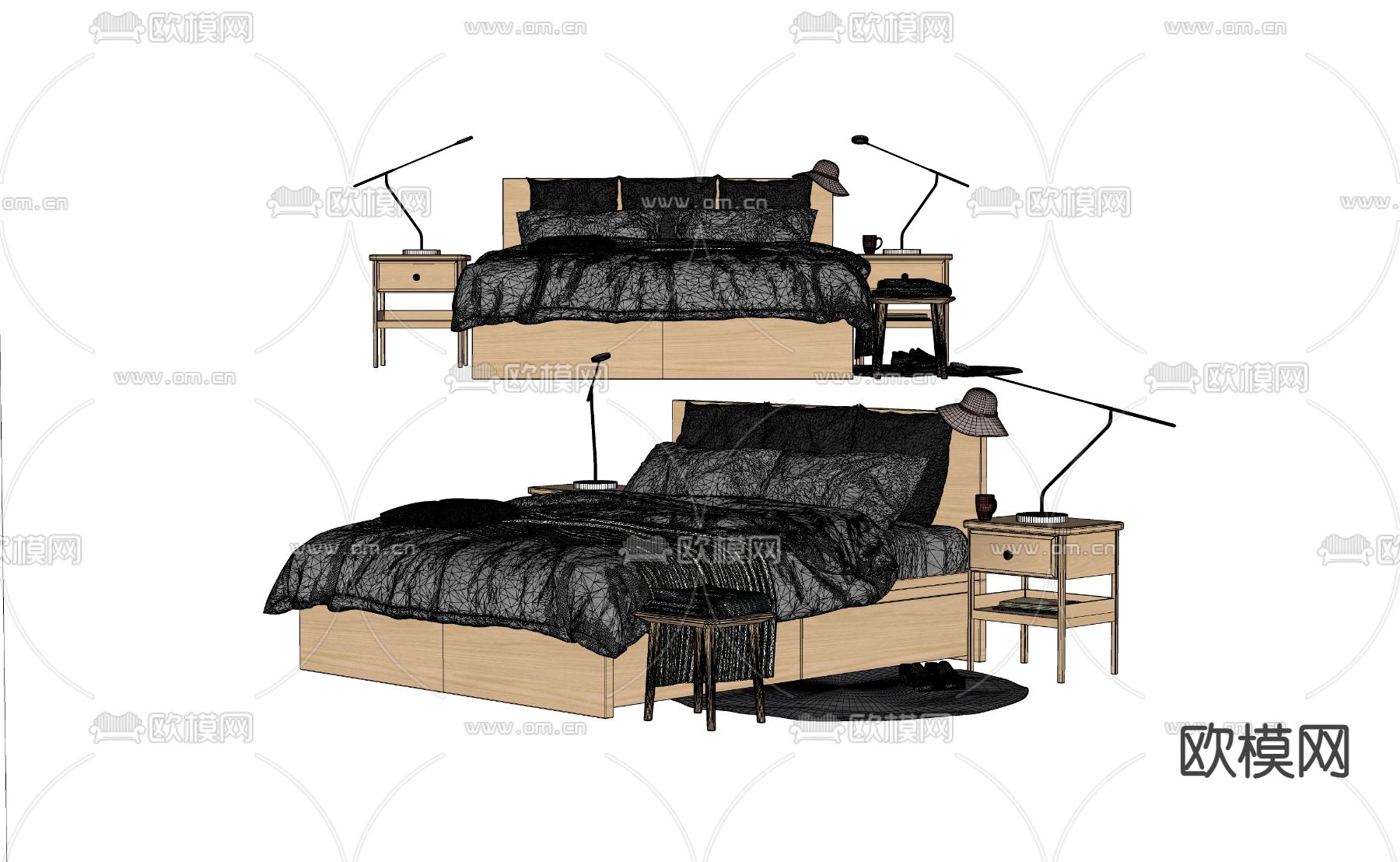 北欧双人床su模型下载（渲染图2）
