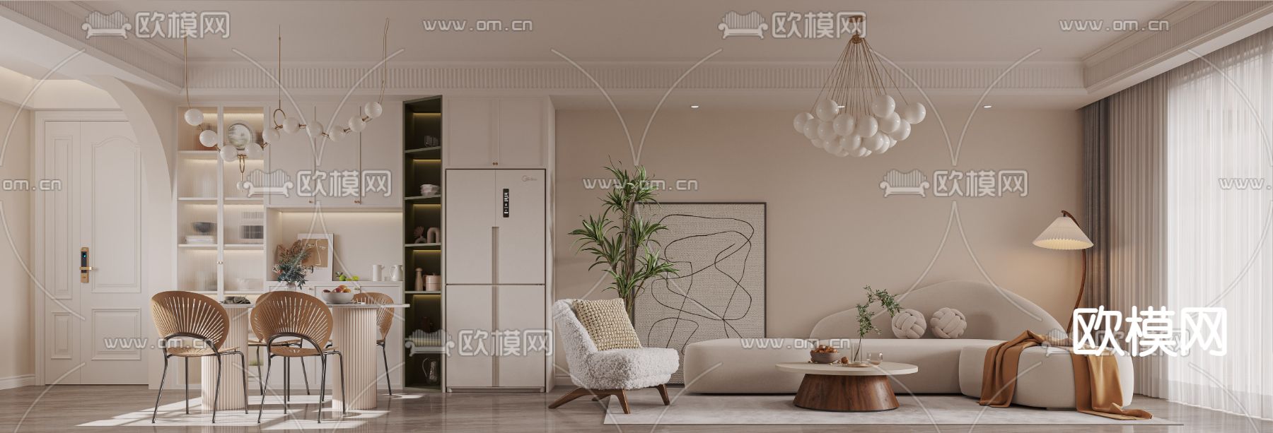 法式客厅 餐厅3d模型下载（渲染图1）