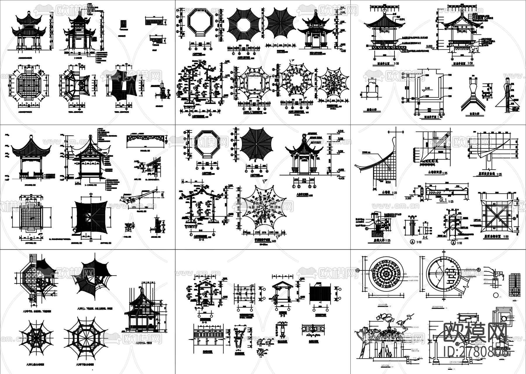 141套中式景观亭子CAD施工图下载（渲染图1）