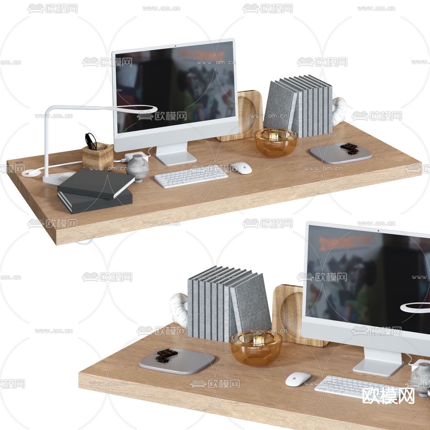 办公用品 台式电脑 键盘 鼠标 台灯3d模型下载（渲染图1）