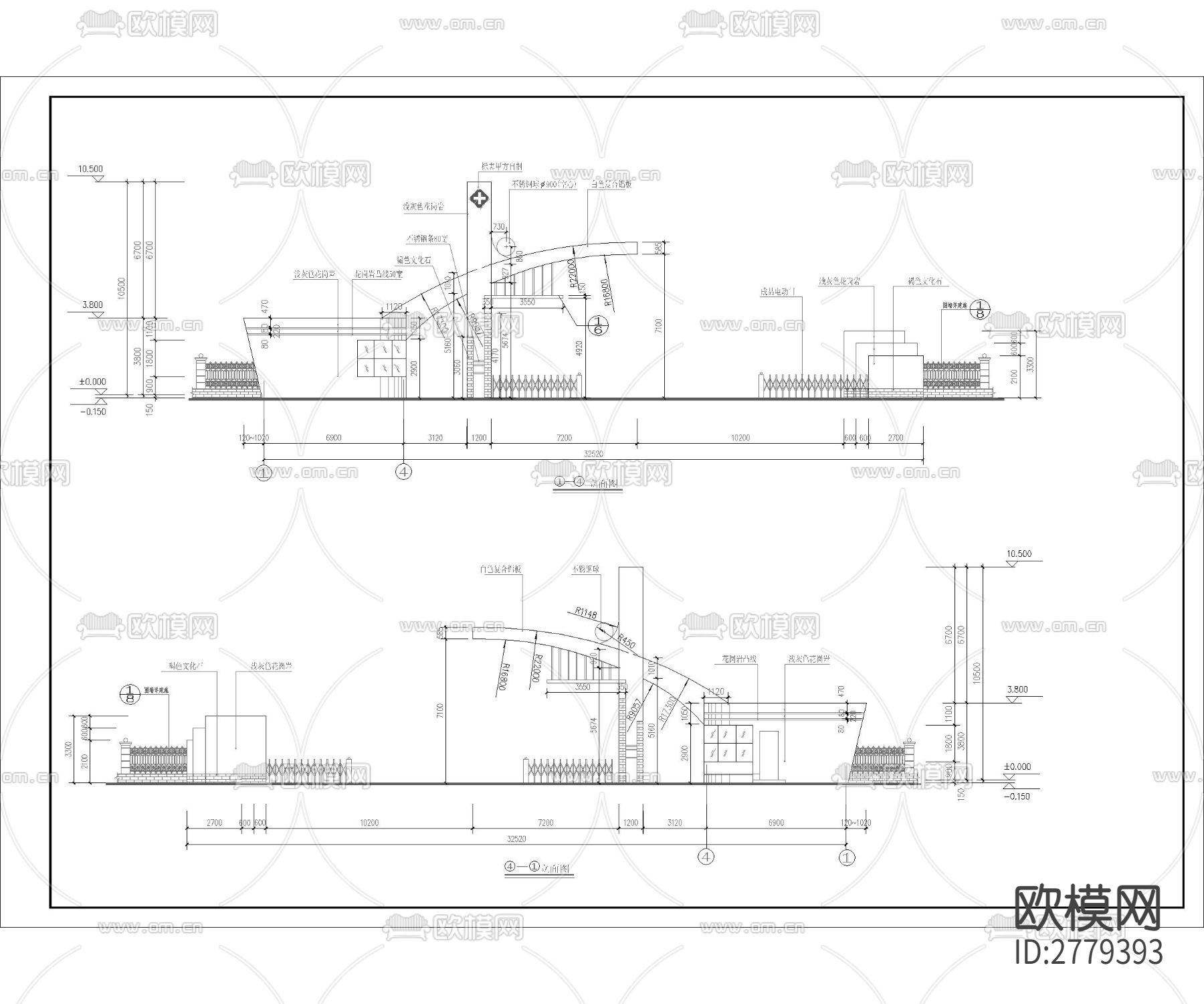 小区入口大门 工业园区入口大门 学校大门cad大样图下载（渲染图2）